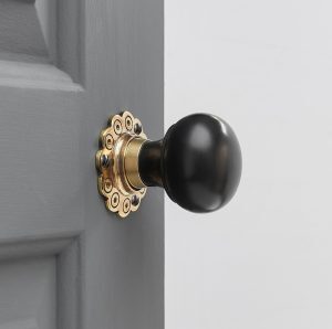 Ebony Bun Door Knobs (Pair) - Aged Brass Collar & Rose