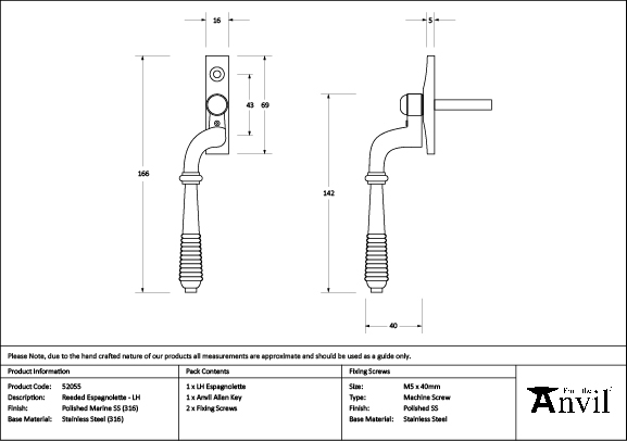 polished marine ss (316) reeded espag lh