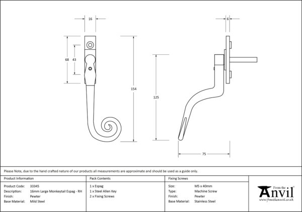 pewter large 16mm monkeytail espag rh