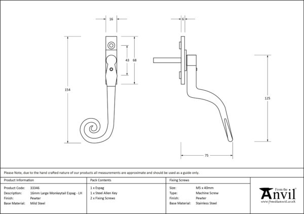 pewter large 16mm monkeytail espag lh
