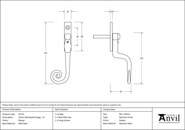pewter 16mm monkeytail espag lh