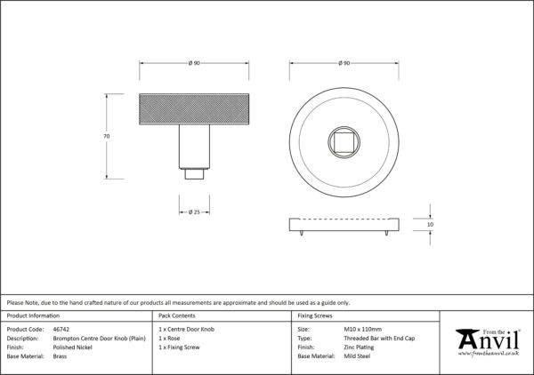 polished nickel brompton centre door knob (plain)