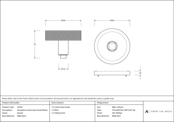 pewter brompton centre door knob (plain)