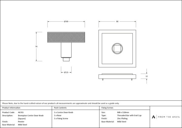 pewter brompton centre door knob (square)