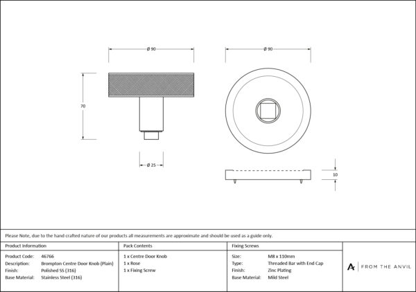 polished marine ss (316) brompton centre door knob (plain)