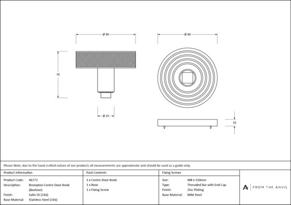 satin marine ss (316) brompton centre door knob (beehive)