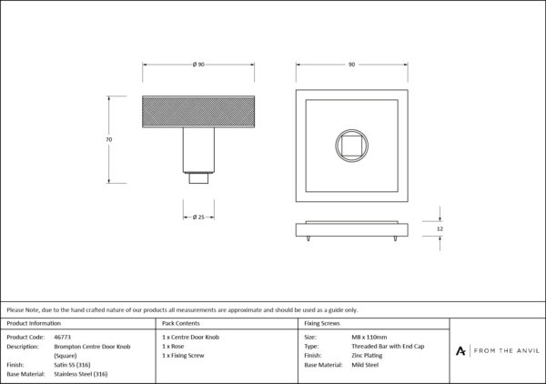 satin marine ss (316) brompton centre door knob (square)