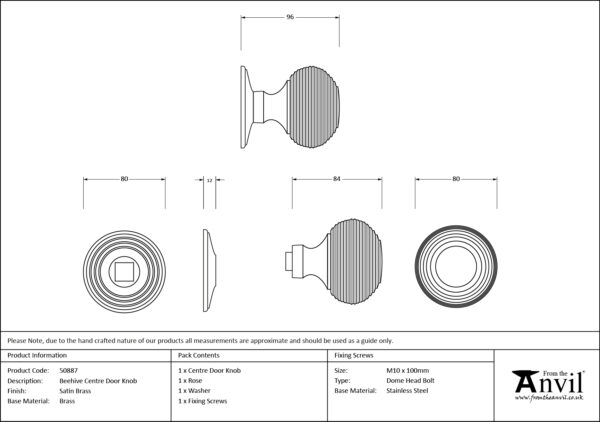 satin brass beehive centre door knob