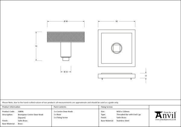 satin brass brompton centre door knob (square)