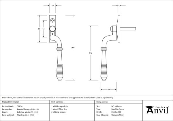 polished marine ss (316) reeded espag rh